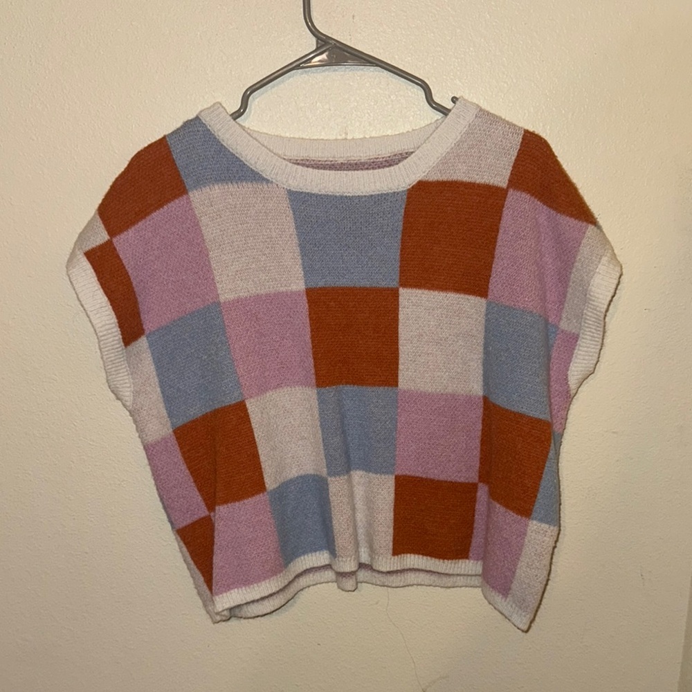 SHEIN Boxy Red and Purple Blouse with Cuffed Sleeves